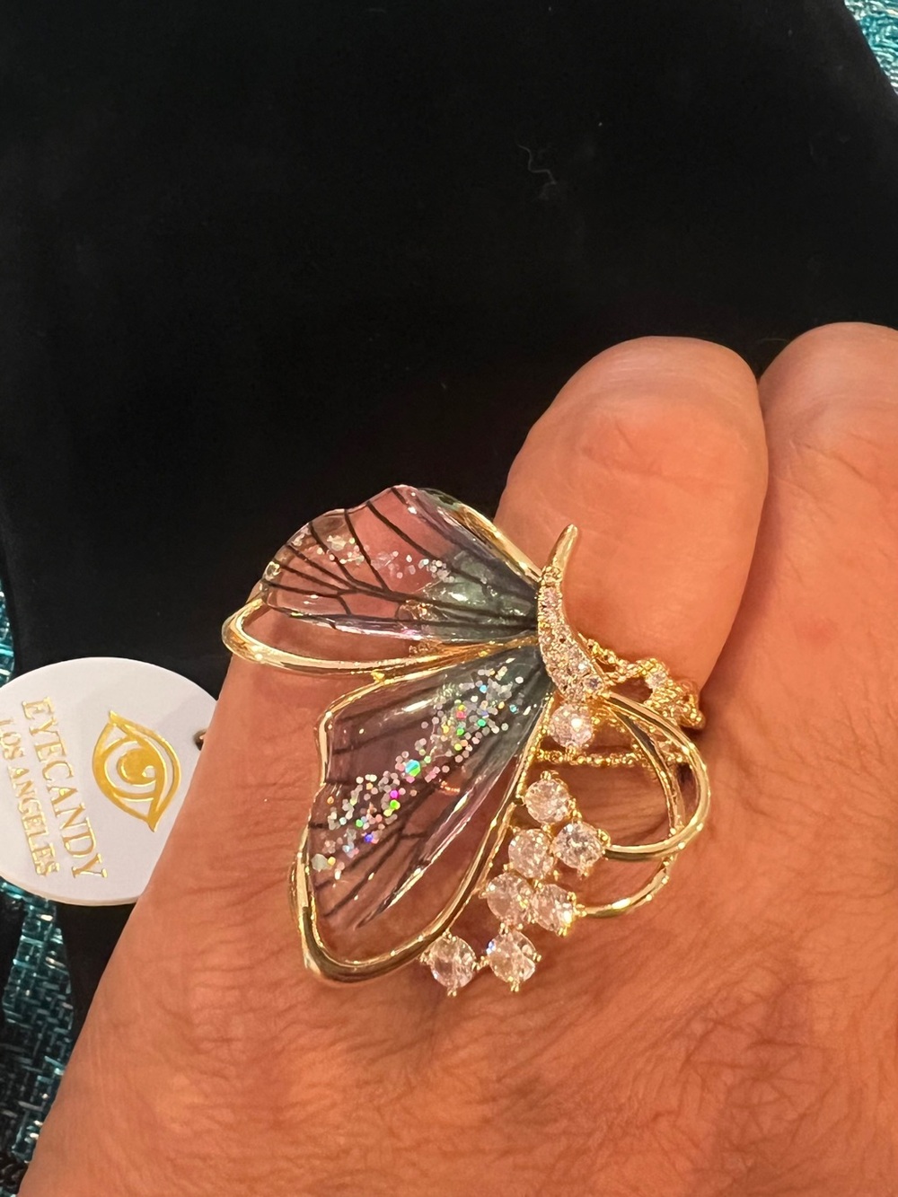 eye candy Gold Butterfly Ring with Pink and Iridescent Wings